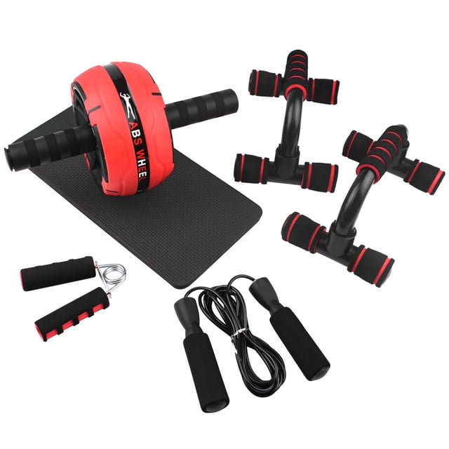 AB Wheel Roller Kit Abdominal Wheel Set with Push-Up Bar Jump Rope Hand Gripper and Knee Pad Home Gym Workout Equipment for Fitness Training