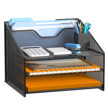 Samstar Desk File Organizer, Mesh Letter File Folder Holder with 3 Paper Trays and 2 Vertical Upright Section, Black.