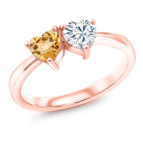 Gem Stone King 18K Rose Gold Plated Silver Fashion Right-Hand Ring Heart Shape Yellow Citrine and Moissanite (0.88 Cttw, Size 6)