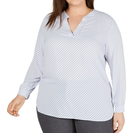 Anne Klein Womens Piazza Stripe Pullover Blouse, Blue, Plus Size, 0X