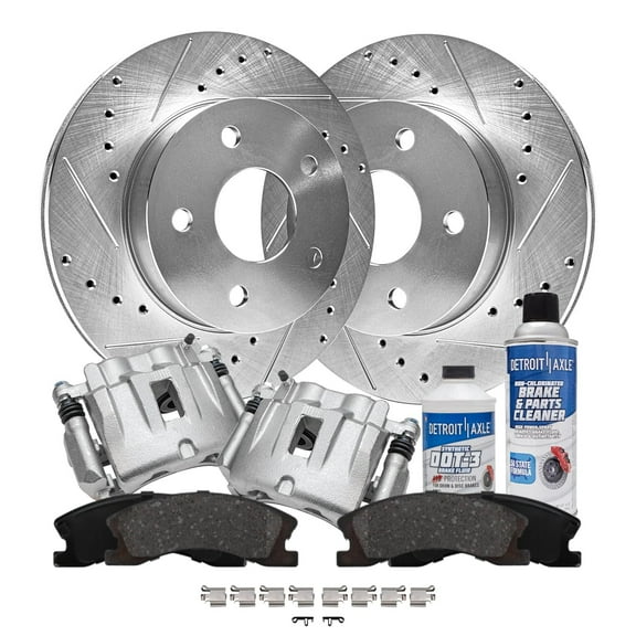 Detroit Axle - Front Brake Kit for 1999-2004 Jeep Grand Cherokee Drilled & Slotted Brake Rotors Brake Calipers Ceramic Brakes Pads 2000 2001 2002 2003 Replacement