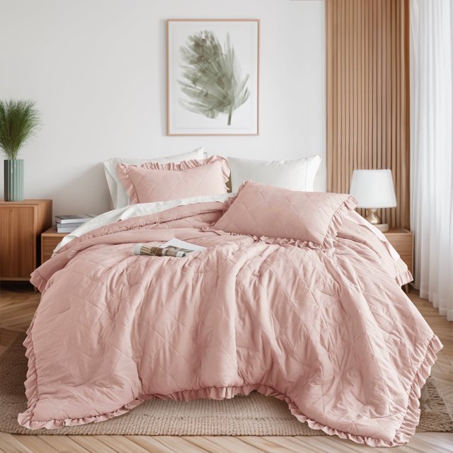 Regency Heights King/Cal King Size Ruffle Comforter Set with Shams,3-Piece Quilted Bedding Set, Pink, Gift for Women