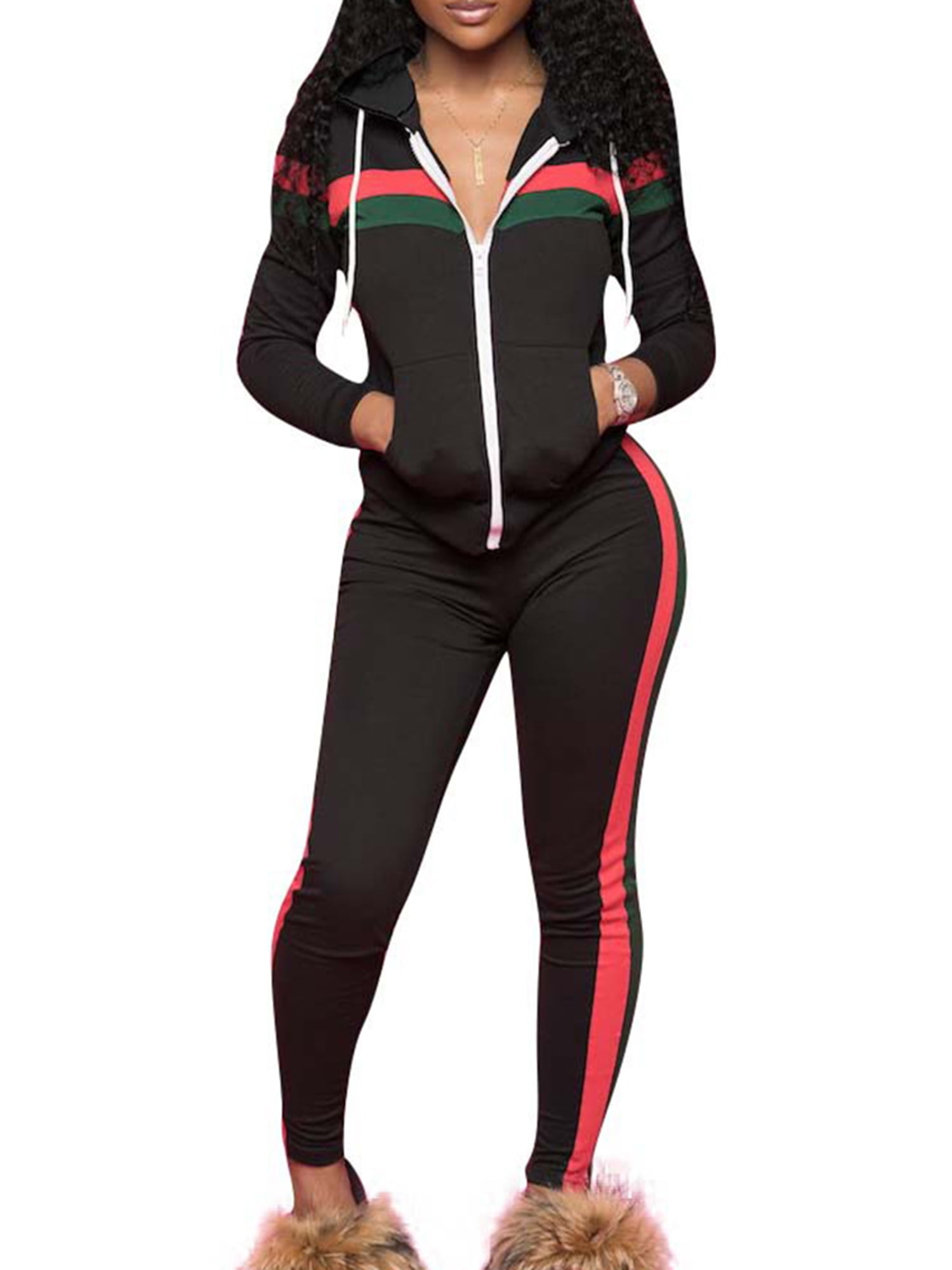 Womens 2PCS Stripe Patchwork Tracksuit Sets Sweatsuits Outfits Pullover Hoodie Sweatshirt and Jogging Sweatpants Suit 