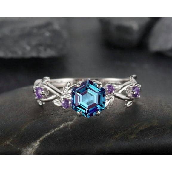 Hexagon Alexandrite Ring Vintage Twig Leaf Amethyst Engagement Promise Ring Unique White Gold June Birthstone Wedding Ring Gift for Women