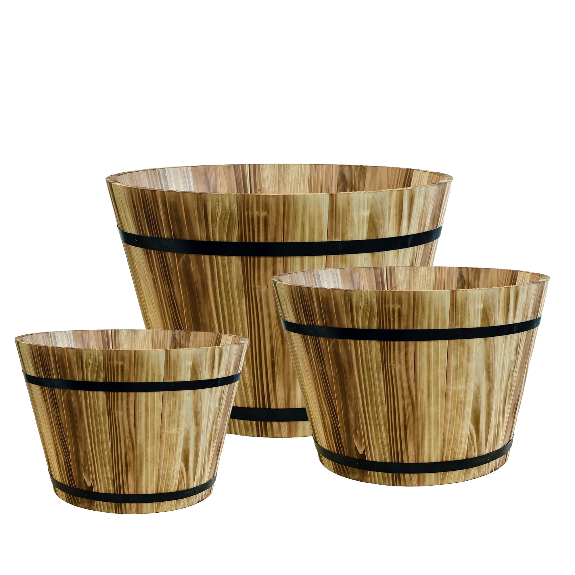 Luxury 20" Real Wood Whiskey Barrel Planter Set of 3 - Carbonized Fir Wood, Weather Resistant, Indoor/Outdoor Flower Pots for Garden Patio - Includes 3-Piece Professional Gardening Tool Kit