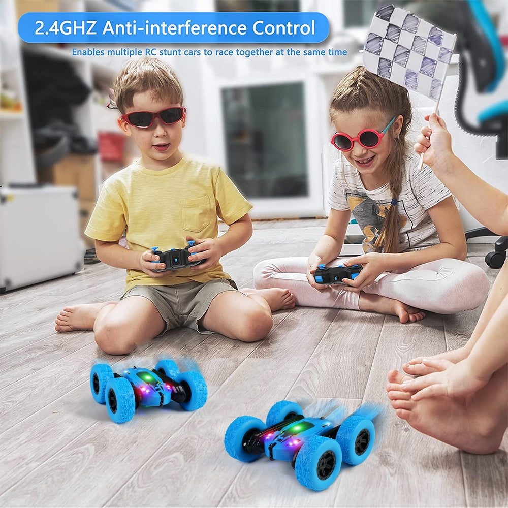 Remote Control Car Double Sided 360°Rotating 4WD RC Cars with Headlights 2.4GHz Rechargeable Toy Cars, Blue