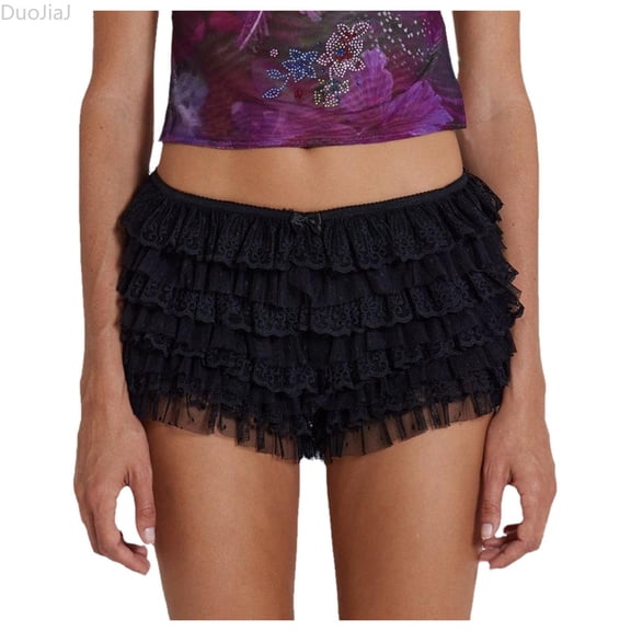 DuoJiaJ Women Ruffle Shorts Lace Cute Boyshorts Layered Y2k Mini Shorts Black L