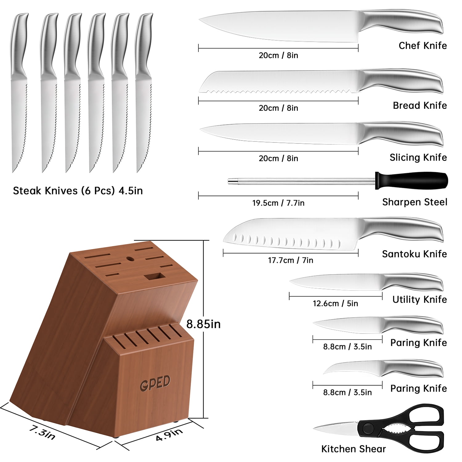GPED Knife Block Set, Kitchen Knife Set with Block, 16 Pcs Professional Chef Knife Set with Knife Sharpener & 8 Steak Knives, Ultra Sharp Stainless Steel Knife Set for Kitchen, Dishwasher Safe