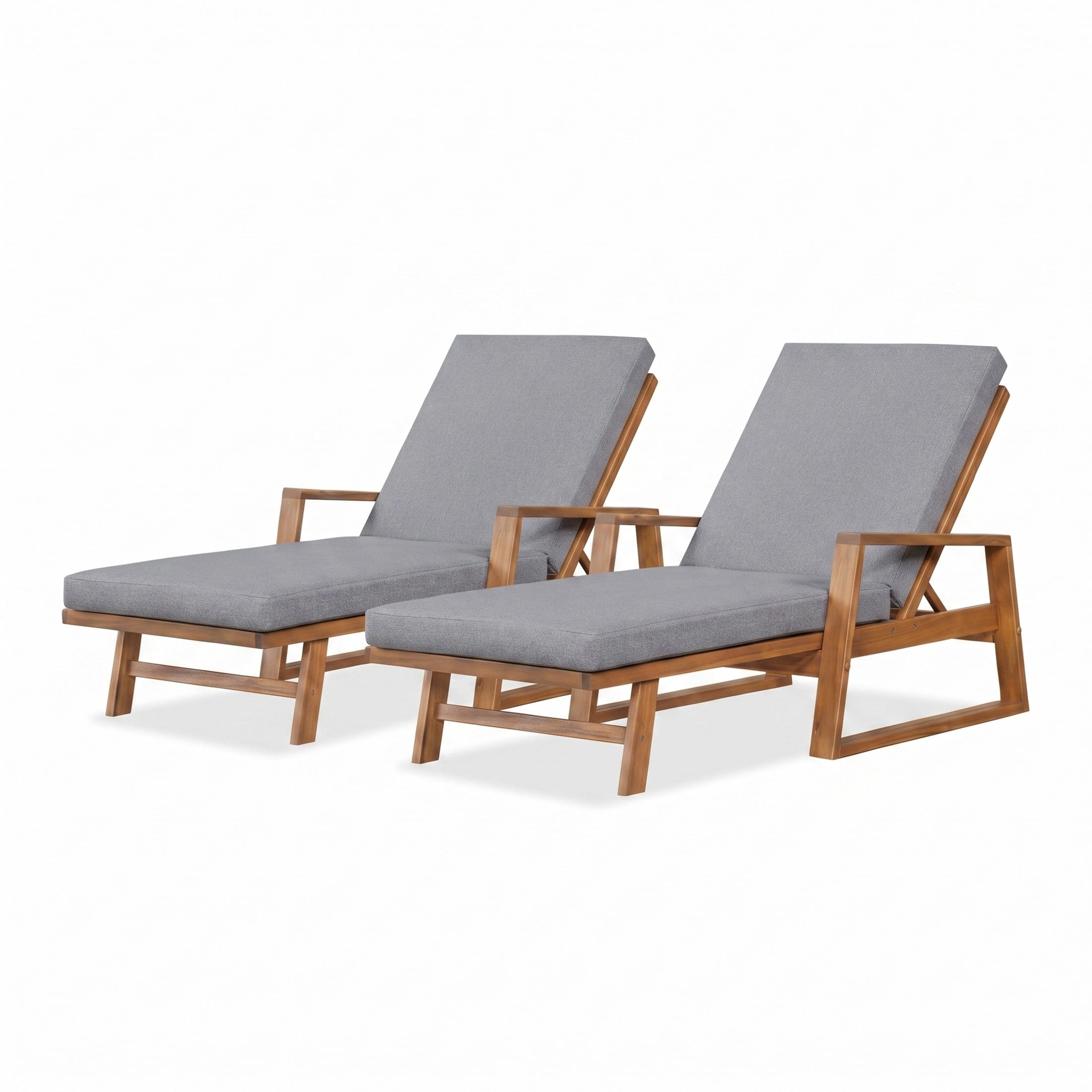 Christopher Knight Home Acacia Wood Outdoor Chaise Lounge with Adjustable Backrest and Cushion, Teak+Gray, Set of 2