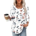 thumbnail image 2 of BangWanChi Women's New 3/4 Sleeve Round Neck Cover Casual Pleated Tunic Top Curved Hem Printed Fashion Tops, 2 of 6