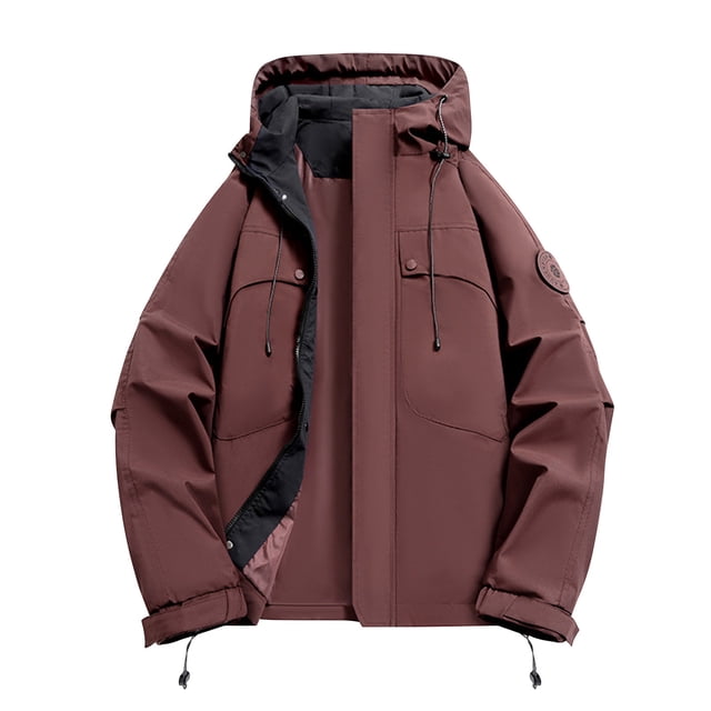 Leodye Men's solid color long sleeved Fit Relaxed Work Coat Waterproof Workwear Hooded Jacket with Pockets Wine L(L)