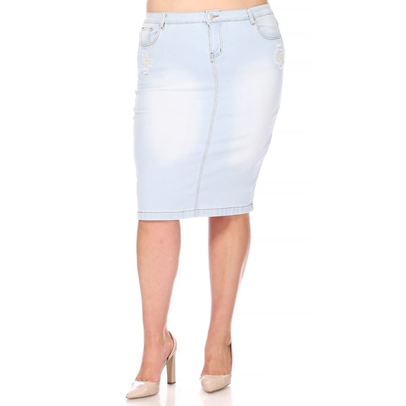 Be-Girl Women Plus Size Light Wash Denim Midi Skirt, Distressed Detail, Knee Length - SG-79006