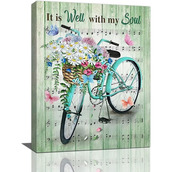 Teal Bicycle Wall Art Inspirational Bike Flowers Pictures Wall Decor It Is Well with My Soul Music Canvas Prints Framed Modern Painting Artwork for Bathroom Kitchen Bedroom Living Room 12"x16"