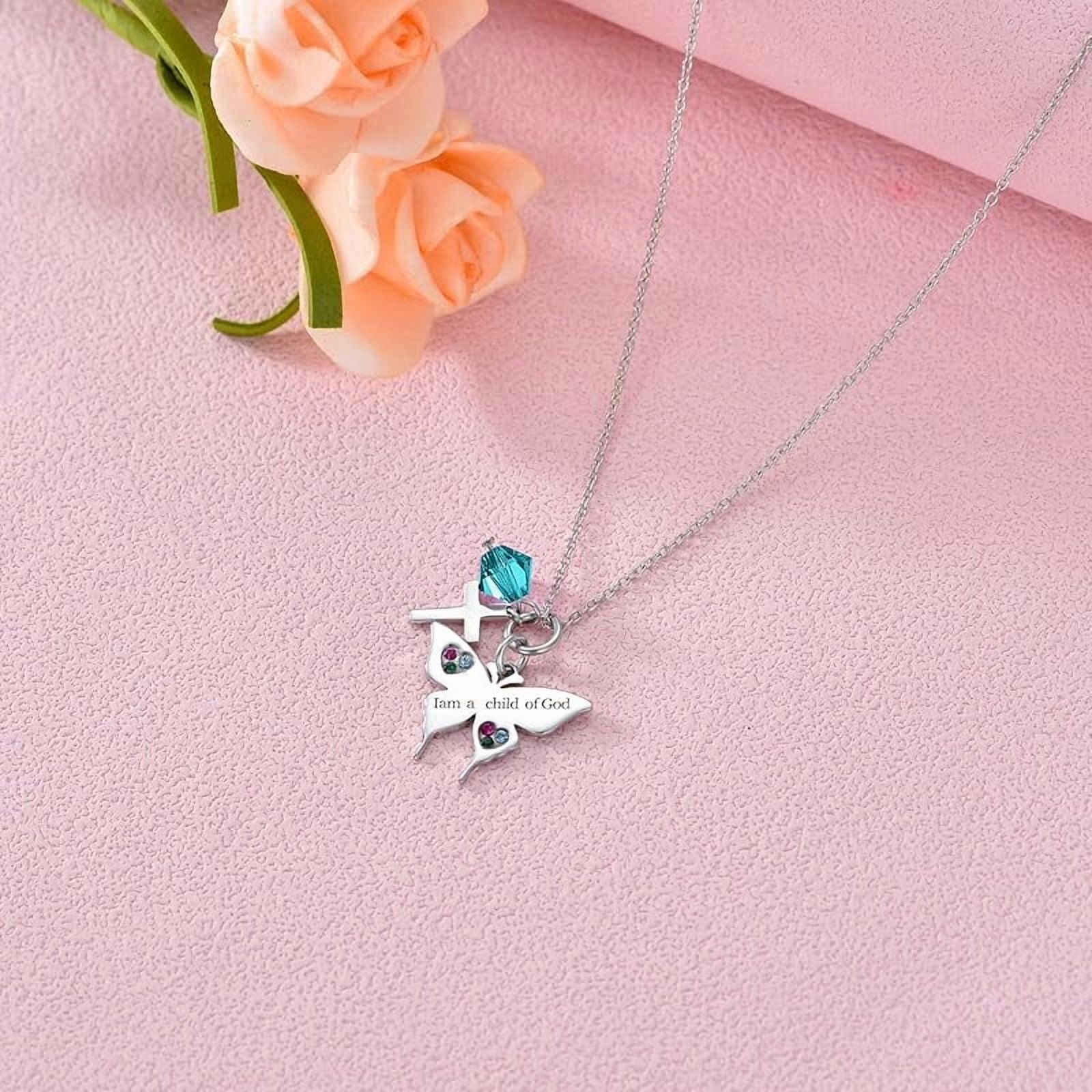 SISGEM 925 Sterling Silver Cross Butterfly Necklace Baptism Communion Birthday Conformation Gifts for Daughter Granddaughter Niece with 12 Birthstones