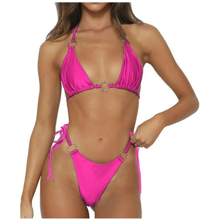 Swimsuits for Women Solid Spaghetti Strap Brassiere with Thongs Split Bikinis Hot Pink Women s Swimwear XL