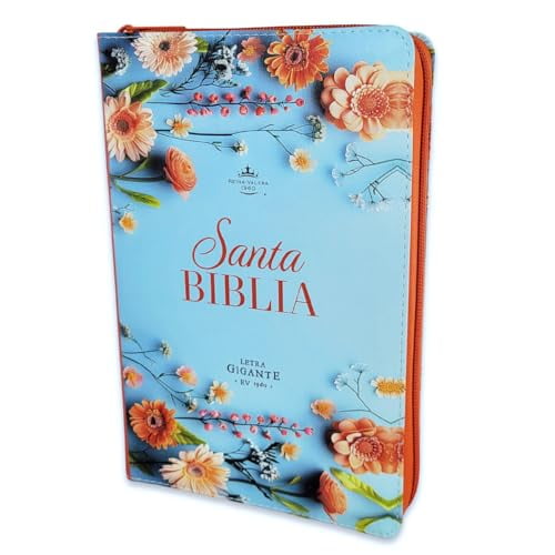 Biblia para Mujer con Cierre Letra Gigante Manual 14 puntos RV1960 imit piel naranja y azul floral con indice y canto floral