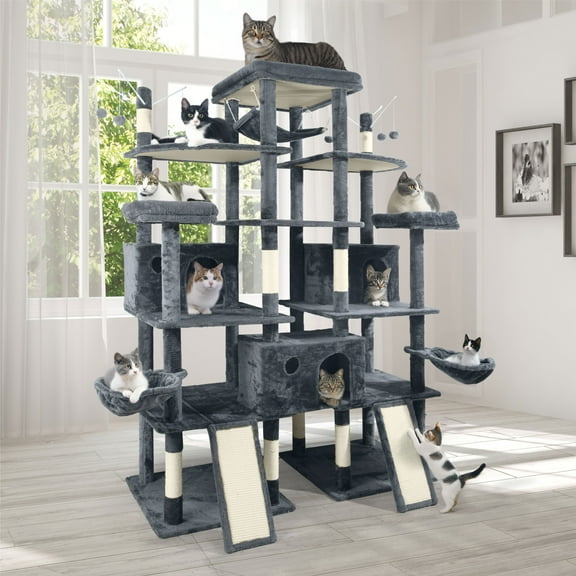 CAPHAUS Extra Large 80-Inch Tall Cat Tree w/Widened Perch for Large Cats, Big Cat Tower Indoor, Modern Multi-Level Activity Tower with Scratching Posts, Condos, Baskets, Hammock, Scratching Ramps