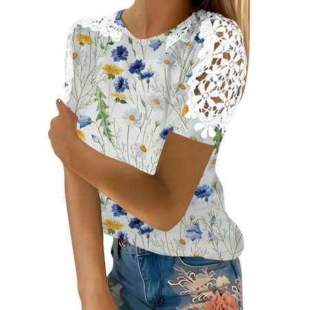 

plus Size Scrub Tops Ladies Spring And Summer Printed Loose Round Neck Lace Stitching Short Sleeve Blouse Color plus Size Tops