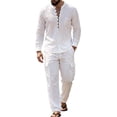 thumbnail image 2 of Miqool Mens 2 Piece Outfits Linen Stand Collar Long Sleeve Shirt Loose Workwear Pants Matching Set Casual Loungewear Tracksuit S‑3XL, 2 of 8