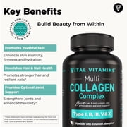 Vital Vitamins Multi Collagen Complex Capsules - Type I, II, III, V, X - Hair, Skin, Nails - 150 Ct