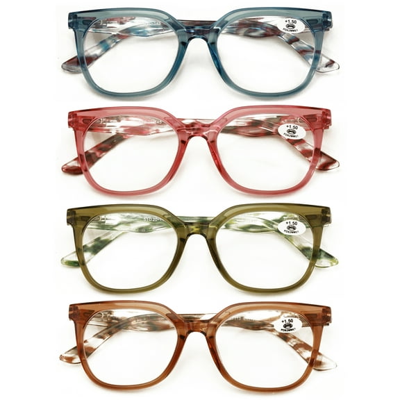 4-Pack Women’s Stylish Square Reading Glasses – Colorful Marbled Temples – Lightweight Spring Hinge Readers ZT115 1.75