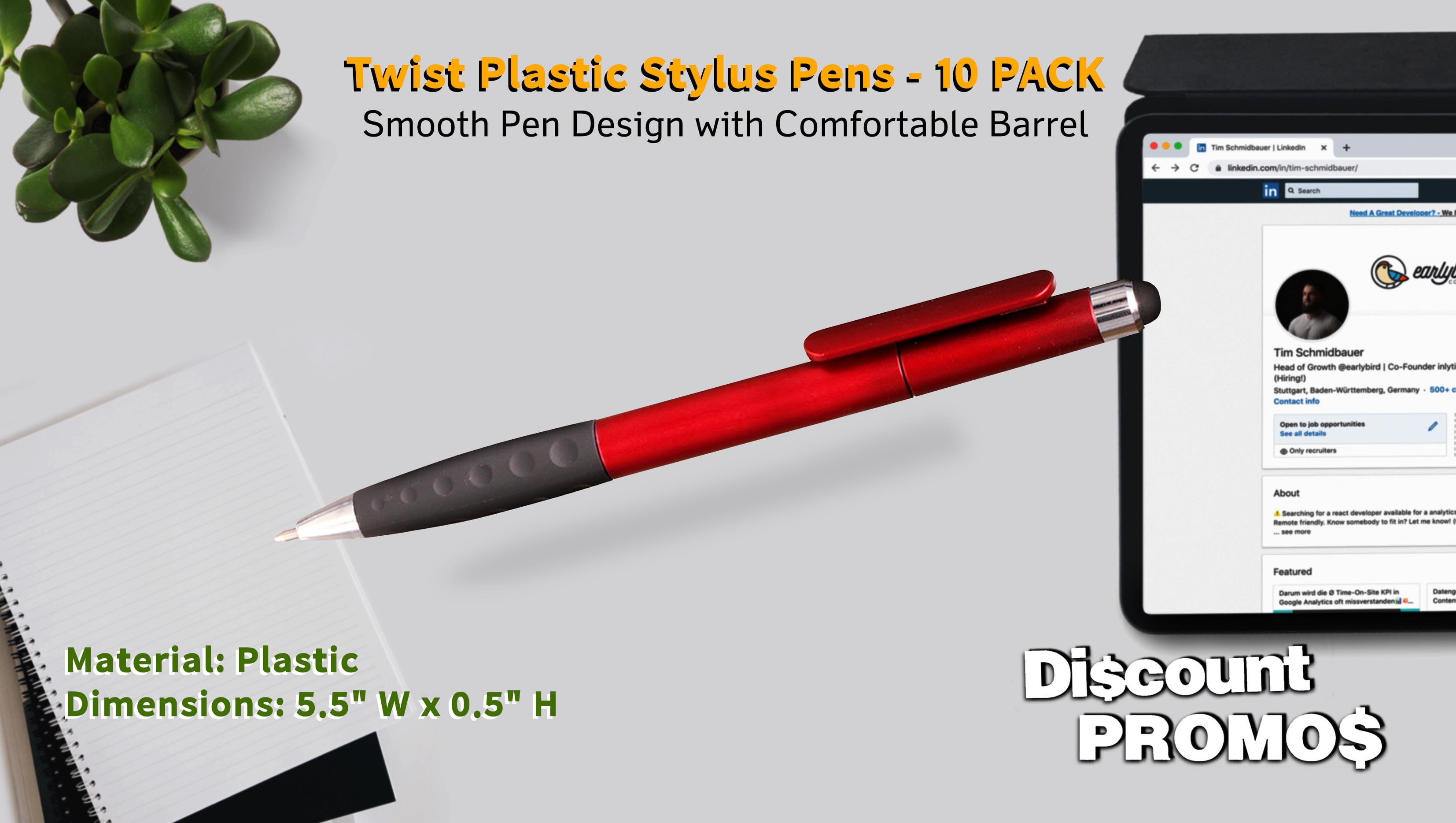 10 Twist Plastic Stylus Pens Pack - Ballpoint, Rubber Grip - Red