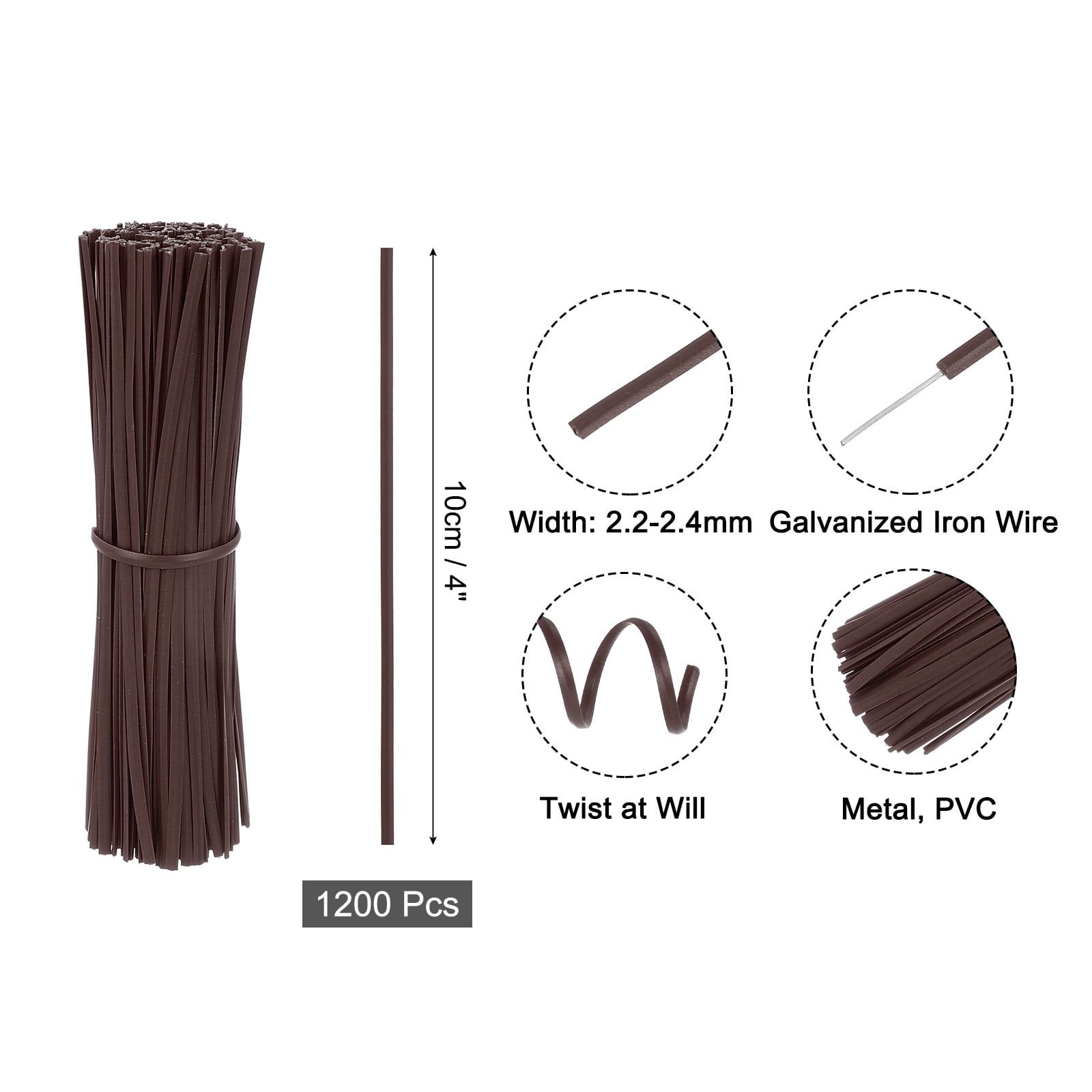 Uxcell 4 Inch Twist Ties, Metallic Twist Ties, Reusable Plastic Coated Twist Ties for Bakery, Candy Bags, Coffee Bags, Goodie Bags, 1200 Pack, Brown