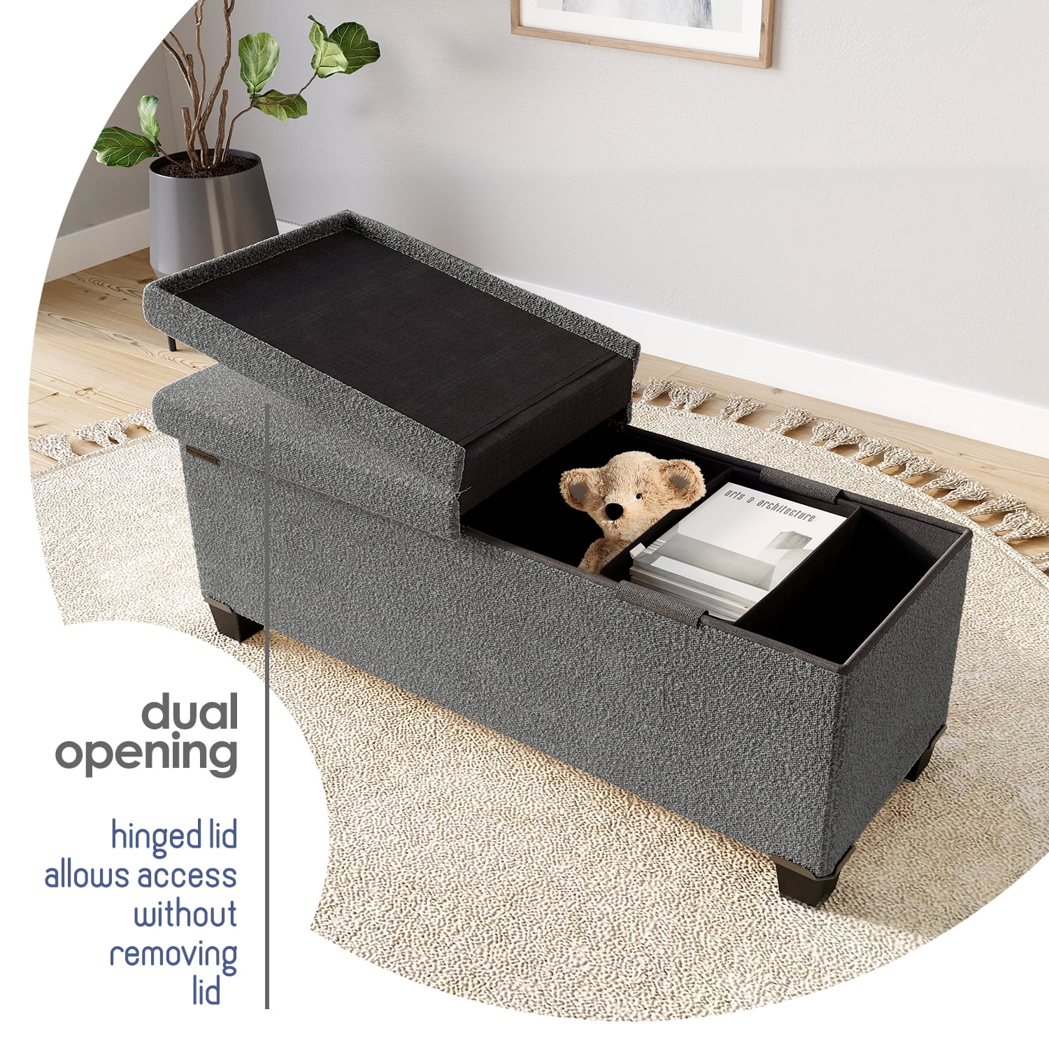 Hearth & Harbor Storage Ottoman Bench, Boucle 43" Ottoman with Storage , Grey