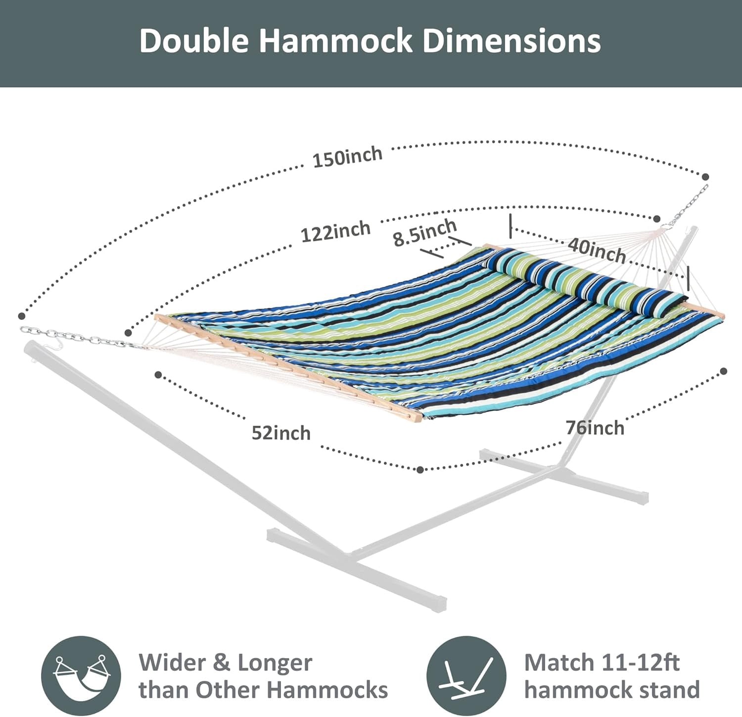 SUNCREAT Hammocks Outdoor Double Hammock with Hardwood Spreader Bar, Cotton Rope Hammock with Polyester Pad, Blue&Green
