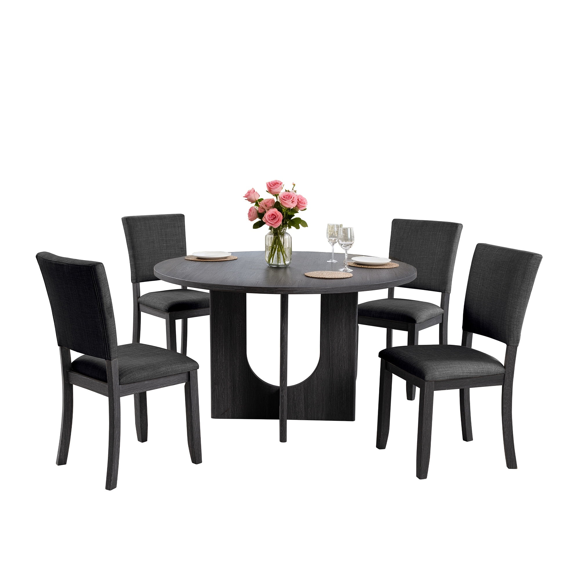 Leovanni Modern 47" 5-Piece Solid Wood Round Dining Table Set with 4 Upholstered Chairs, Pedestal Base Kitchen & Dining Room Set, Dark Gray