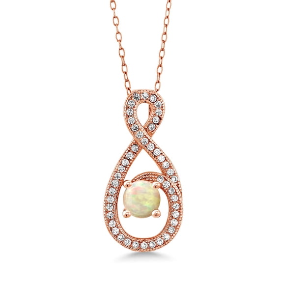 Gem Stone King 0.90 Ct Round Cabochon White Ethiopian Opal 18K Rose Gold Plated Silver Pendant with Chain