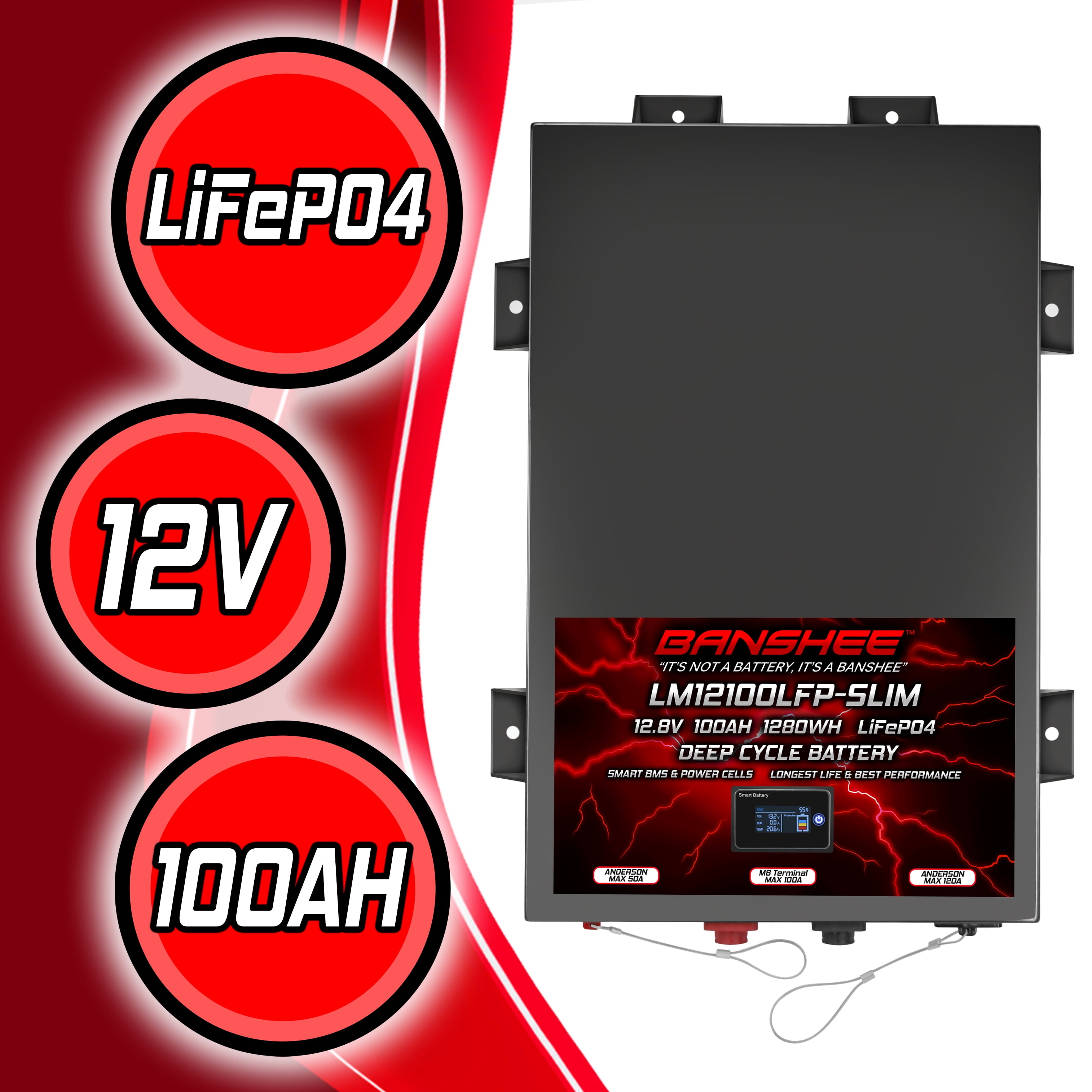 Super Slim 12V 100Ah Deep Cycle Lifepo4 Lithium Ion Battery Pack with Twin Anderson Style Connectors (50A & 120A) & M8 Insert Terminals