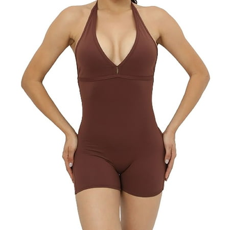 Womens Cute Workout Rompers Halter V Neck Backless Unitard Bodysuit Shorts One Piece Gym Yoga Outfits Jumpsuits (Medium  Coffee)