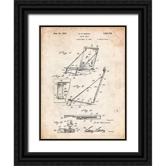 Borders, Cole 12x14 Black Ornate Wood Framed with Double Matting Museum Art Print Titled - PP696-Vintage Parchment 1930s Beach Chair Wall Art Poster