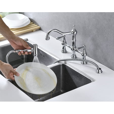 

Bridge Dual Handles Kitchen Faucet With Pull-Out Side Spray in