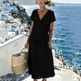 thumbnail image 5 of Pounoo Women's Dresses V Neck Short Sleeve Wrap Linen Blend Midi Dress With Waist Tie Casual Beach Wear Lightweight Breathable Loose Fit Vacation Sundresses Gift, 5 of 7