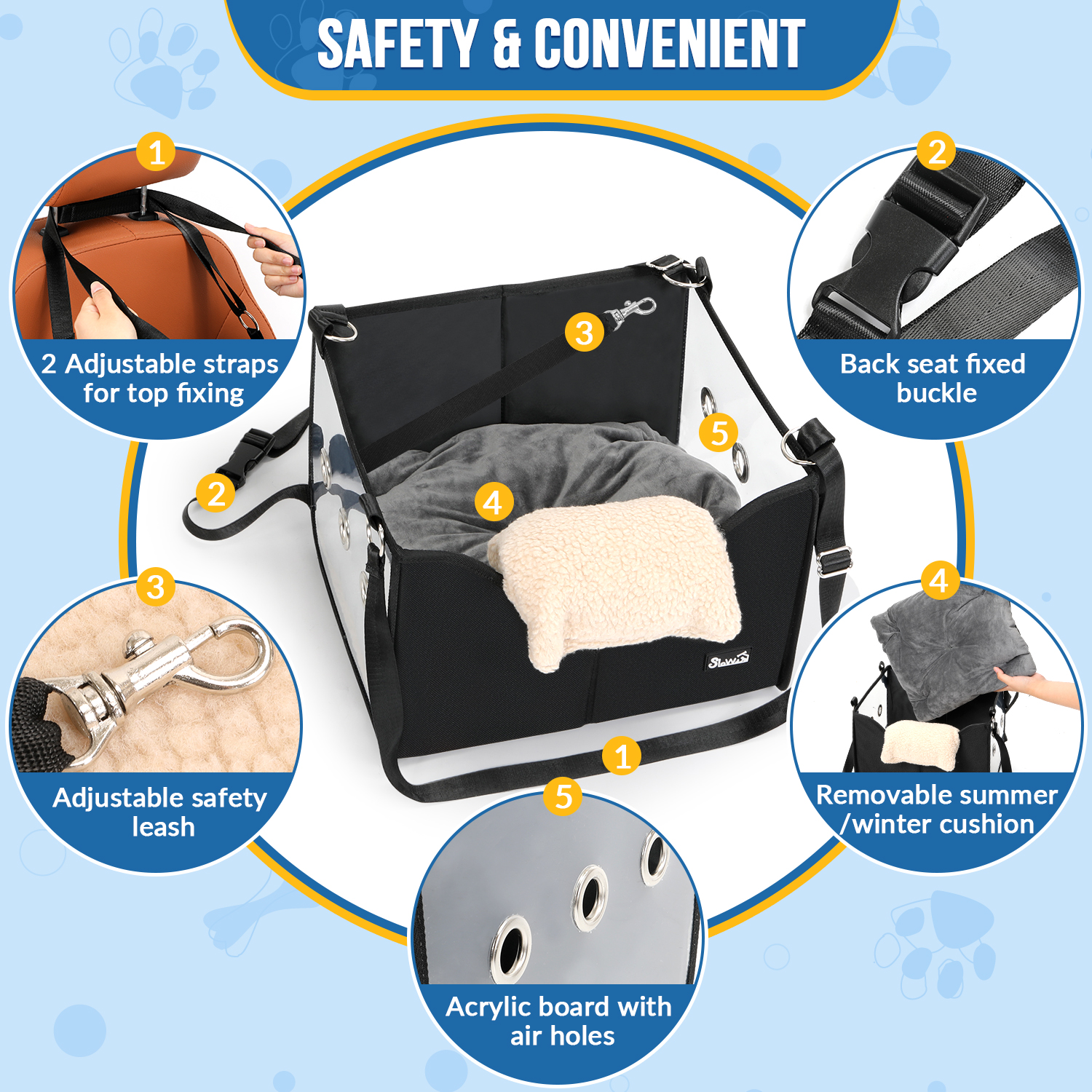 AUTOWT Dog Car Seat - Detachable Booster with Safe Leash, Foldable with Clear Panel for Pets Under 18 lb