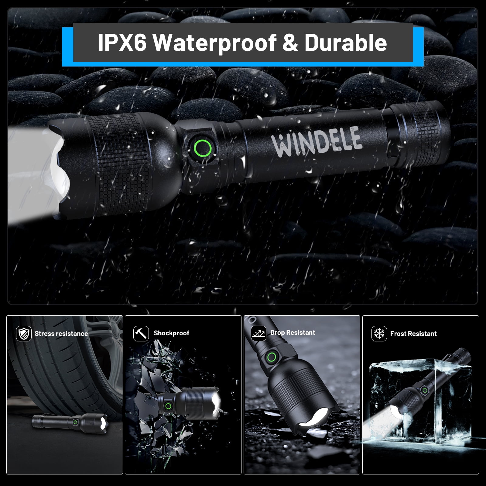 WINDELE Rechargeable LED Flashlights High Lumens, Metal Flashlights for Outdoor (2 Pack)