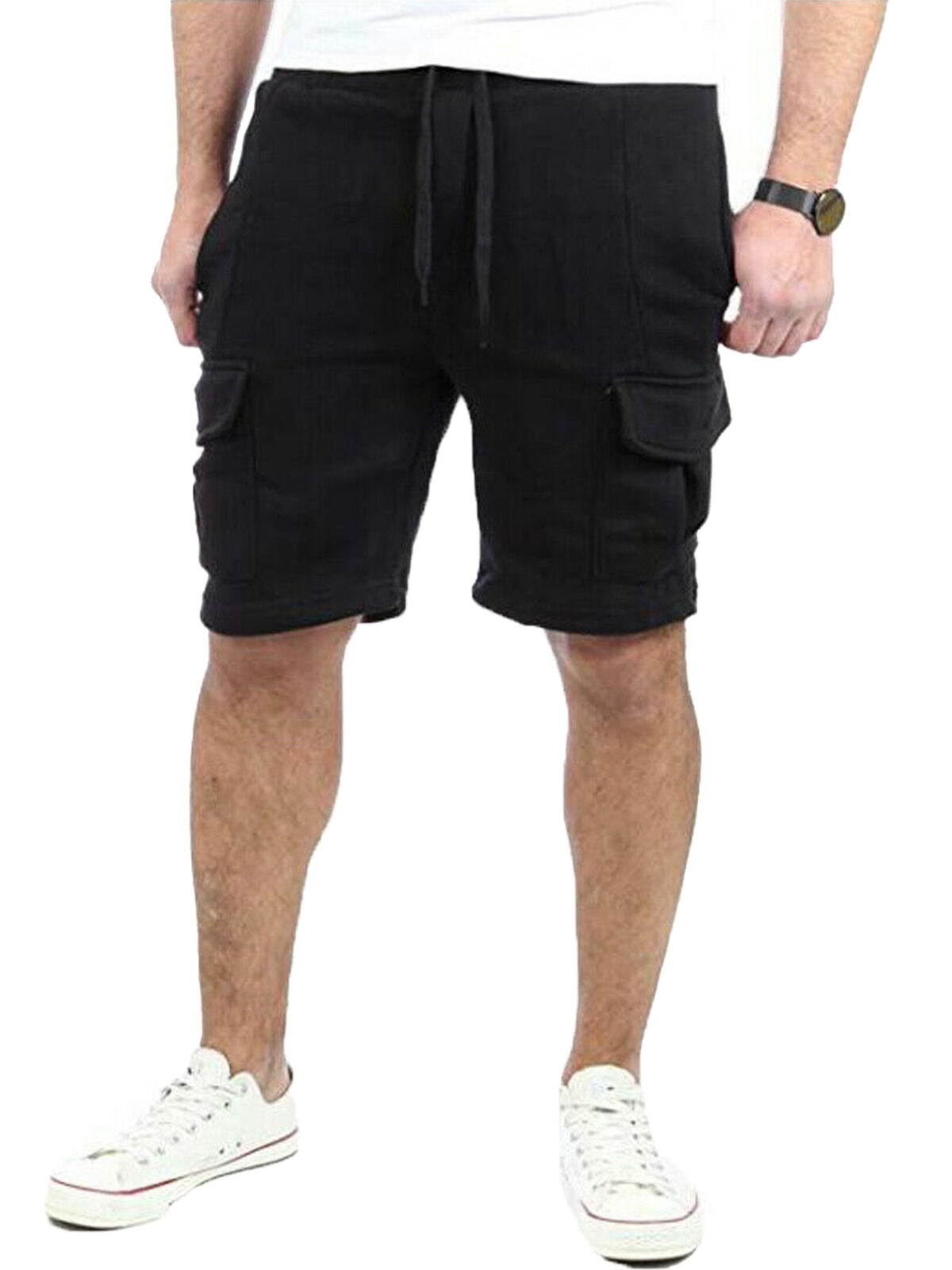 Mens Elasticated Cargo Combat Plain Small & 3/4 Shorts Multi Pocket Summer Pants