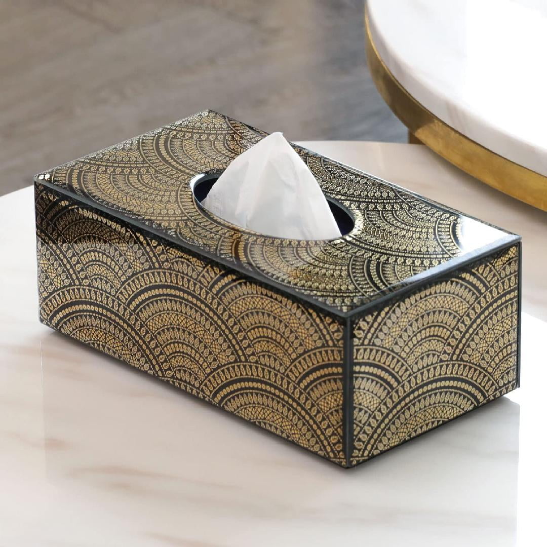 Art Deco Solid Wood Gold and Black Tissue Box Holder Cover with Glossy  Enamel Detailed Fan Design, Bathroom Facial Tissue Decorative Box with Easy  Refill Flip Bottom 