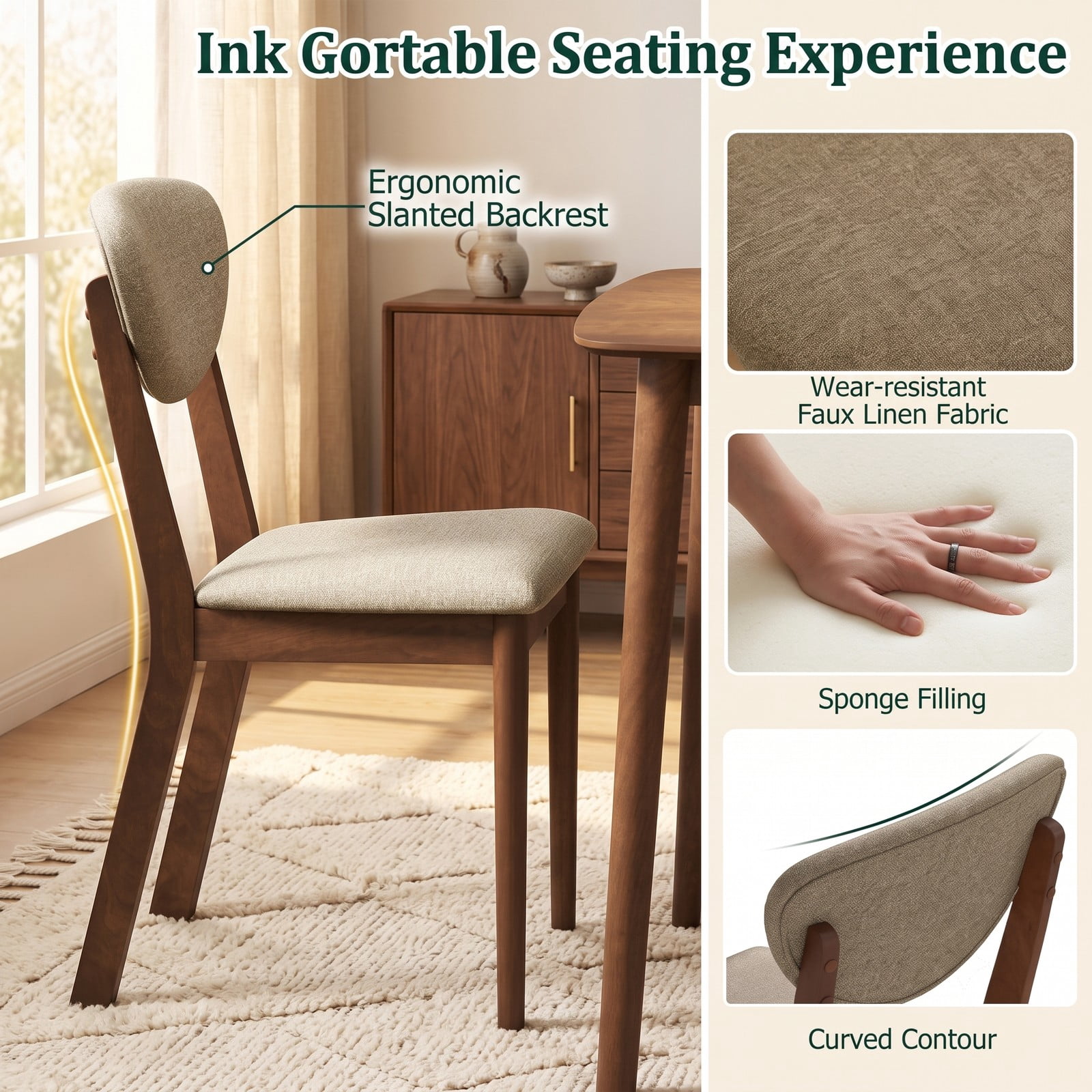 Furnibear Wooden Dining Chairs Set of 4, Upholstered Kitchen Side Chairs with Padded Linen Seat and Angled Backrest, Solid Rubber Wood Legs, 330 lbs Capacity, Brown