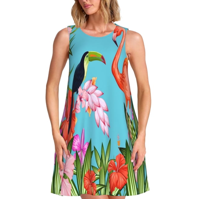 Balery Tropical Jungle Flamingo Vestidos de verano para mujer con estampado: vestido holgado sin mangas, vestido playero informal y cómodo para días calurosos.