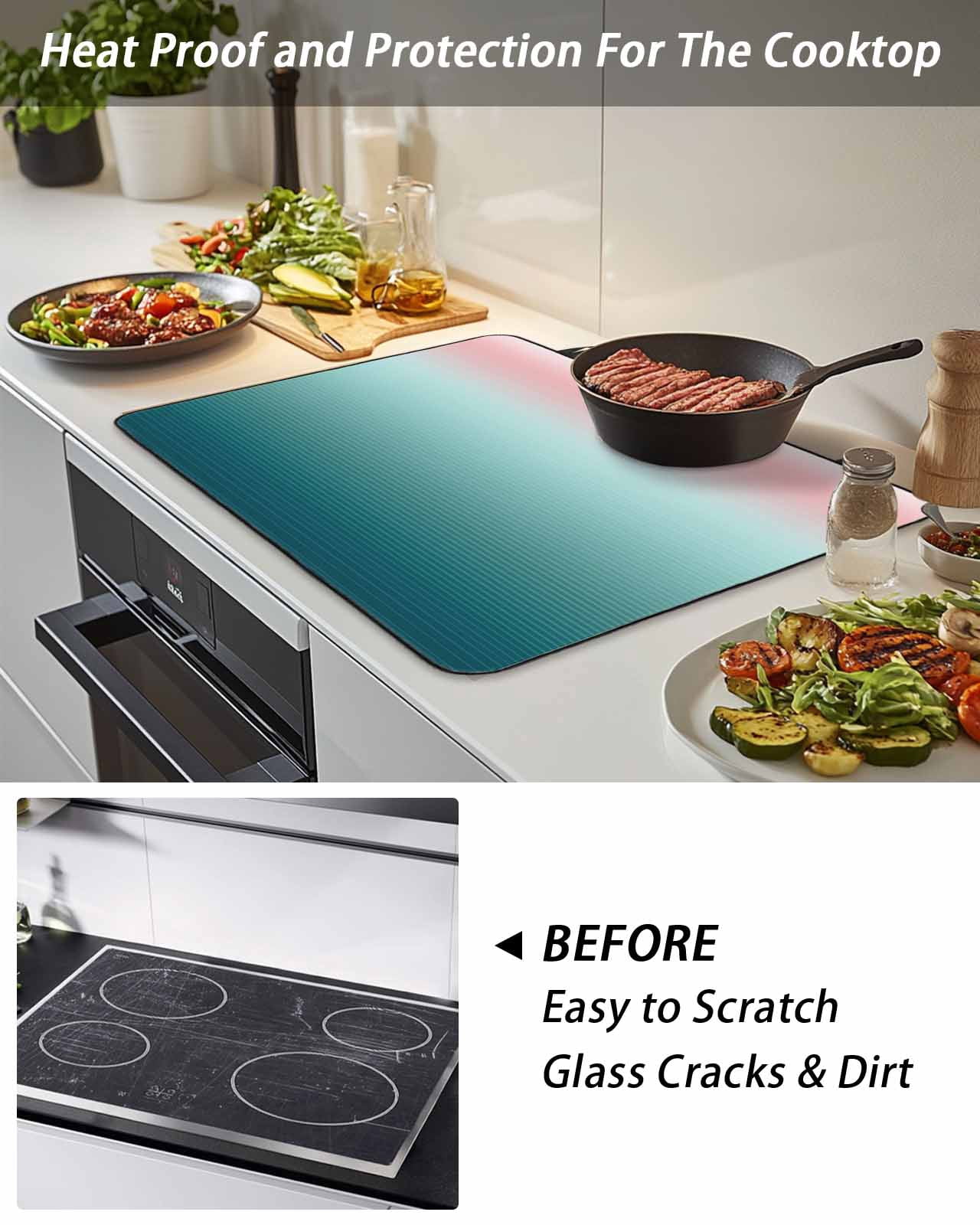 Stove Top Covers for Electric Stove,Pink Turquoise Ombre Glass Stovetop Cover Protector,Teal Modern Geometric Striped Abstract Art Induction Cooktop Protector Oven Mat for Kitchen Countertop 24"x21"