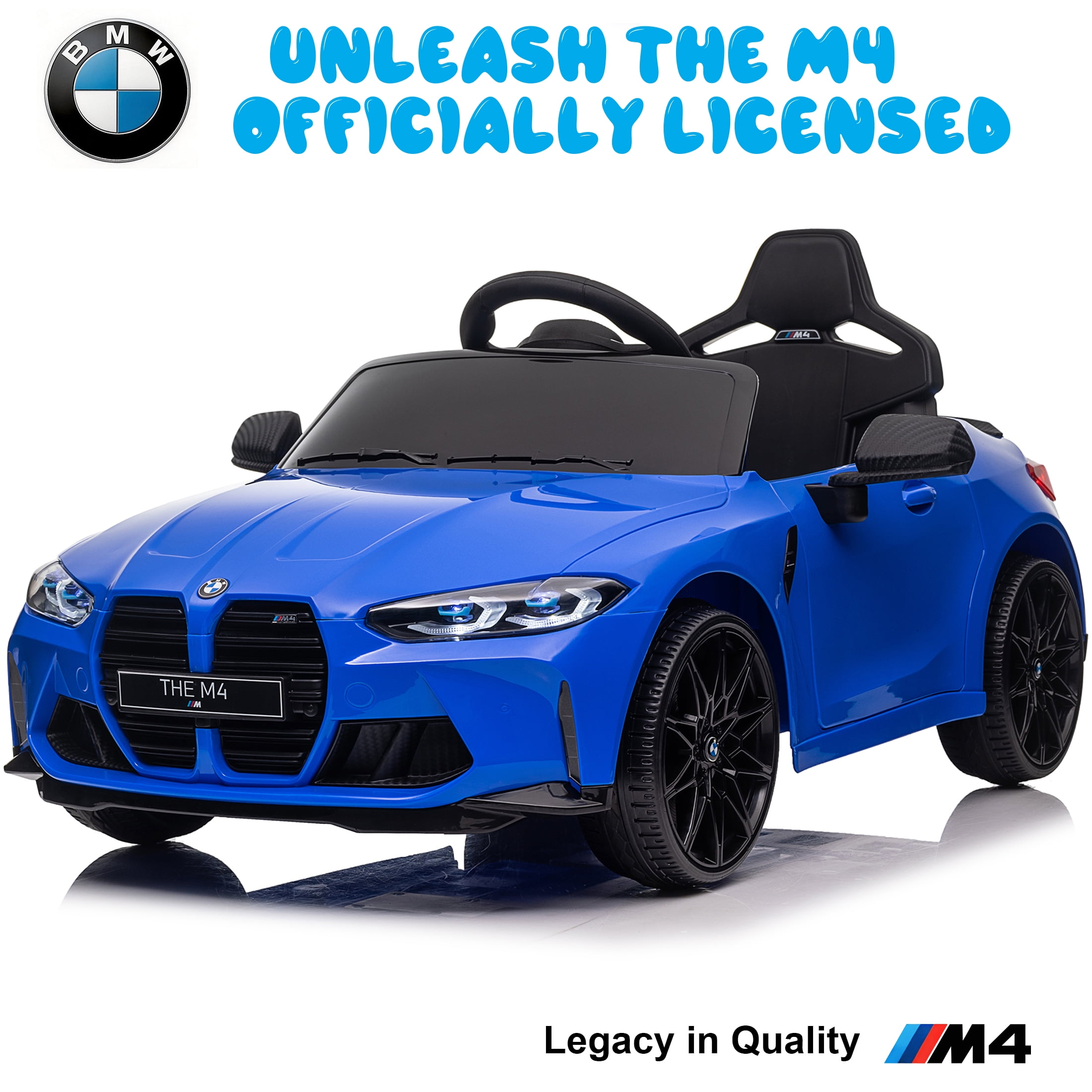 BMW M4 12V Kids Ride On Toy Car with Parents Remote, Electric Car with USB/MP3, Bluetooth, LED Light, Toddler Car with A Handle with Wheels and A Pull, Easy to Carry, Gift for Boys Girls 2-5, Blue