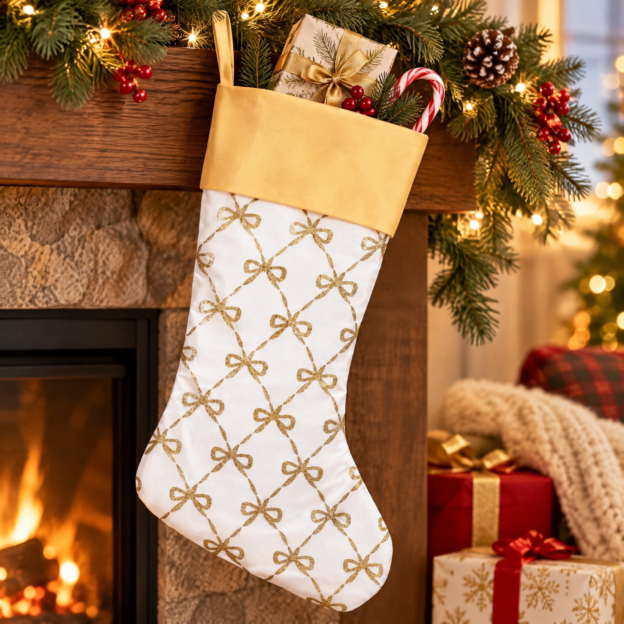 Satin Glitter Bow Christmas Stocking, White and Gold, 18", by Holiday Time