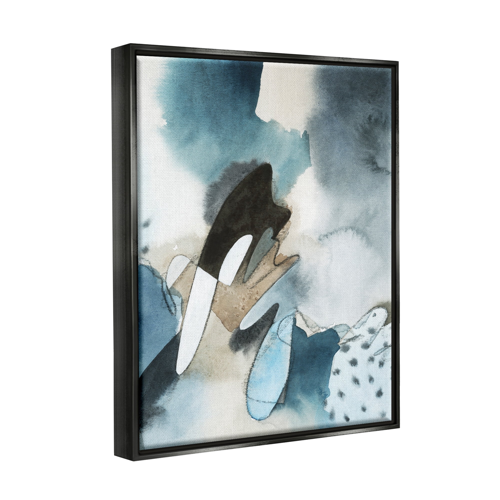 Stupell Industries Fluid Blue Geometric Shapes Abstract Paint Scribbles Painting Jet Black Floating Framed Canvas Print Wall Art, Design by Grace Popp