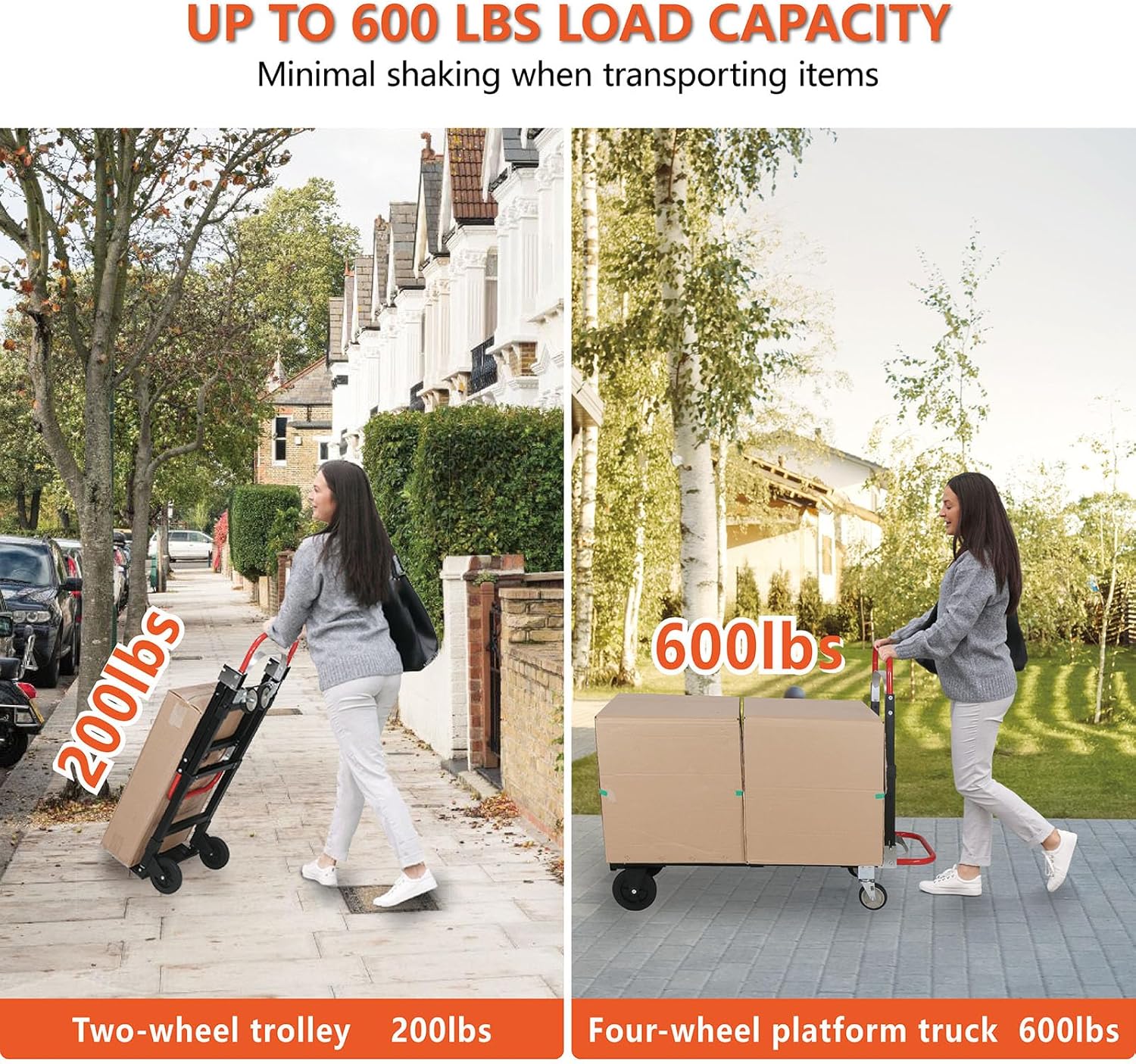 Upgraded 2-in-1 Convertible Hand Truck Dolly 600lbs Capacity Aluminum Folding Cart with Rubber Wheels for Home Warehouse Supermarket Office Transport Moving