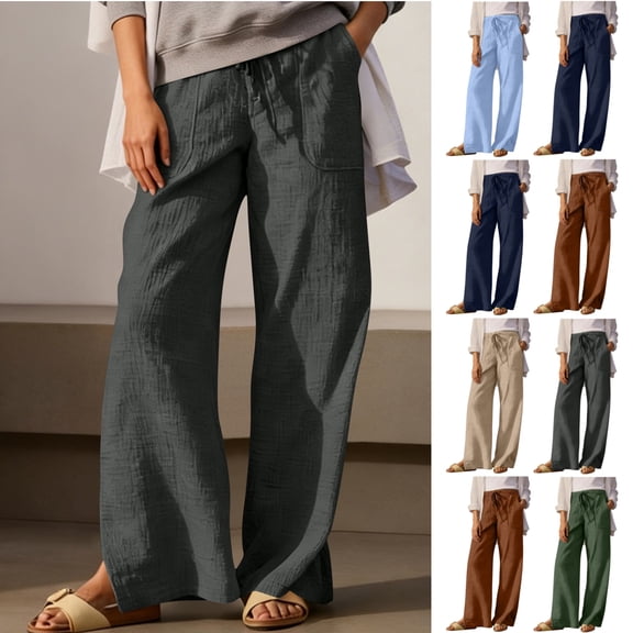 LEKWK Linen Pants Women Drawstring Elastic Waist Flowy Palazzo Pants Lightweight Baggy Lounge Wide Leg Trousers with Pockets Summer Beach Vacation Clothes