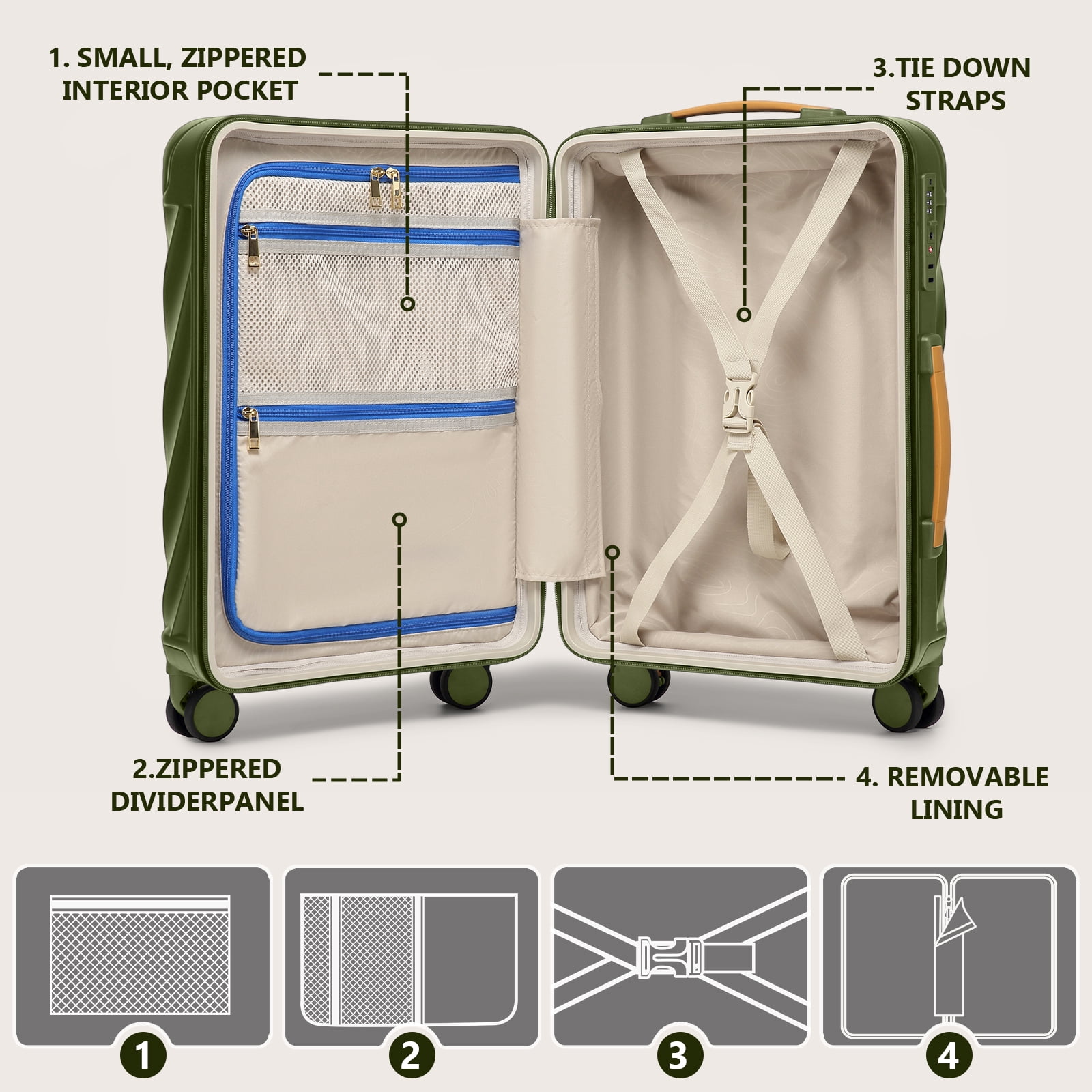 Joyway 3-Piece Carry on Luggage PC Ultra-Hard Shell Lightweight Suitcase TSA Lock Brake Spinner Wheels with Backpack Green