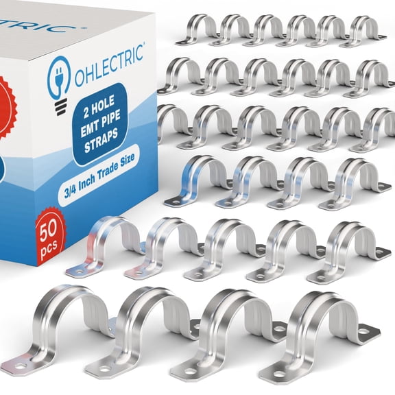 OHLECTRIC Heavy Duty Pipe Strap (50 Pack - Inch) Zinc Plated Conduit Clamps, 2 Hole Steel EMT Pipe Strap U Bracket, Zinc Coated Tension Tube Clip, Metal Pipe Clamp for EMT Conduits